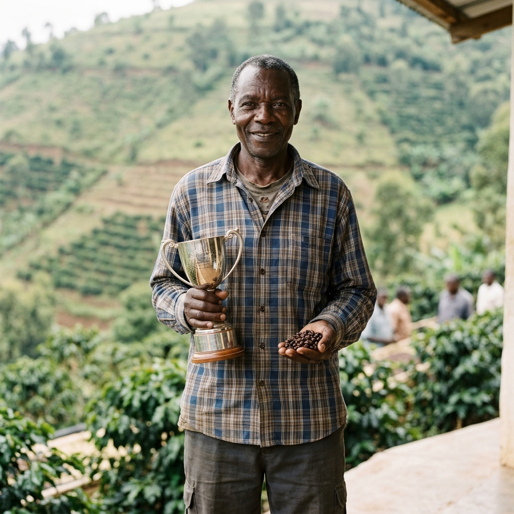 A proud coffee farmer holding the winning trophy and coffee beans